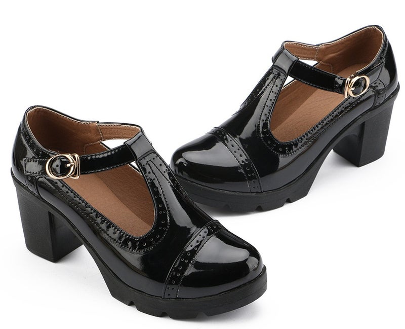 DADAWEN Women's Classic T-Strap Platform Mid-Heel Square Toe Oxfords Dress Shoes Black US Size 6.5 - Image 4